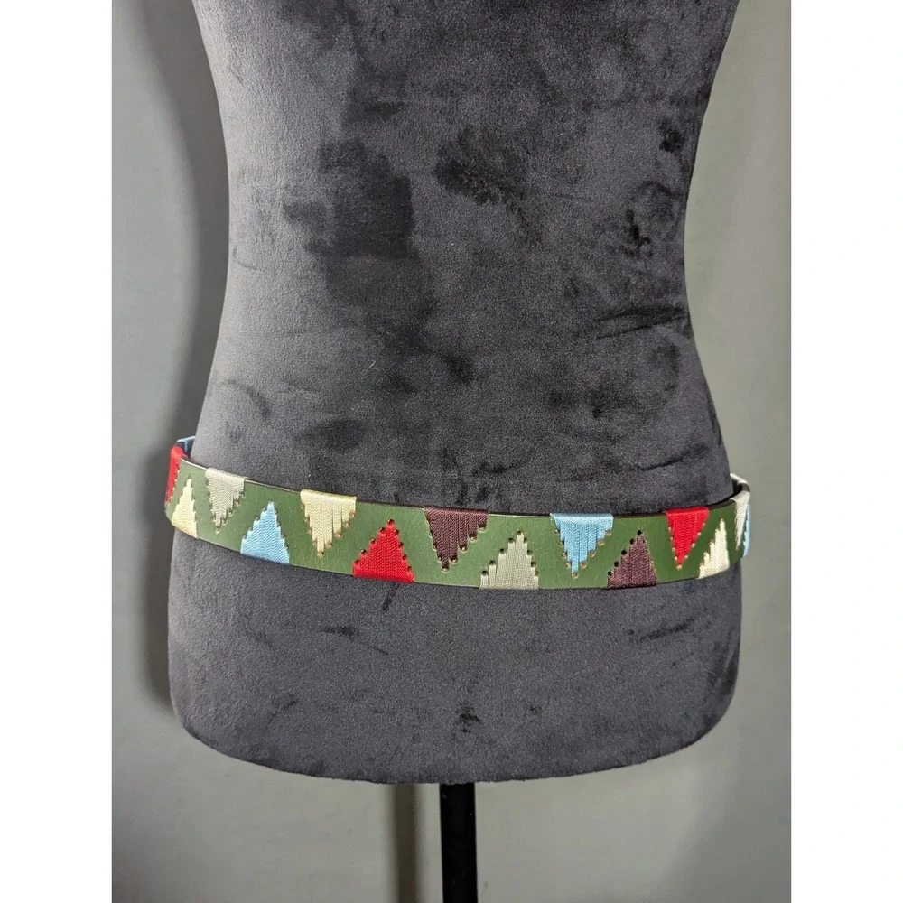 Olive Green Leather Embroidered Geometric Aztec Belt Unisex Size M 34